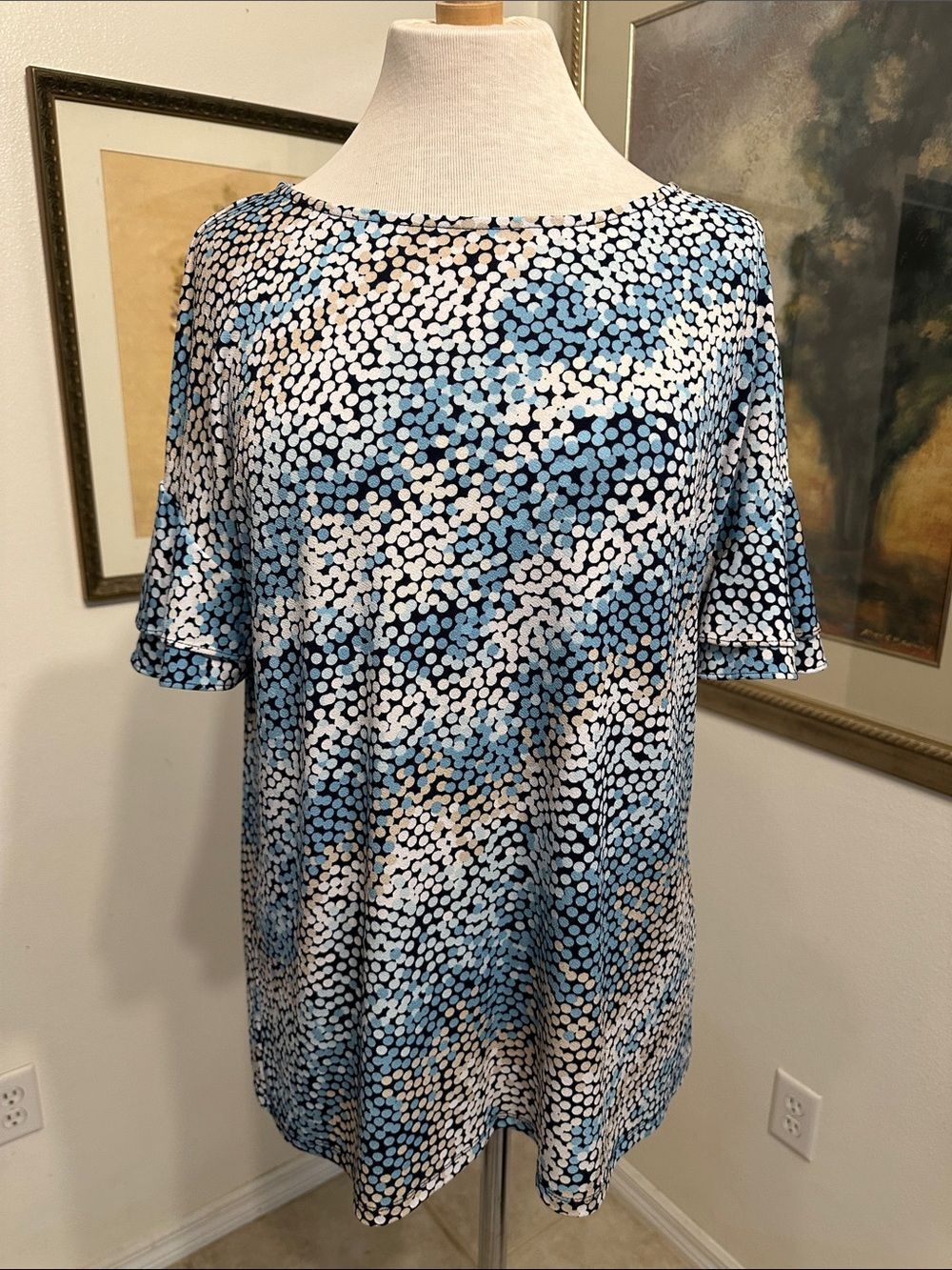 JM COLLECTION Blue Dot Print Ruffle Short Sleeve Top Size XL